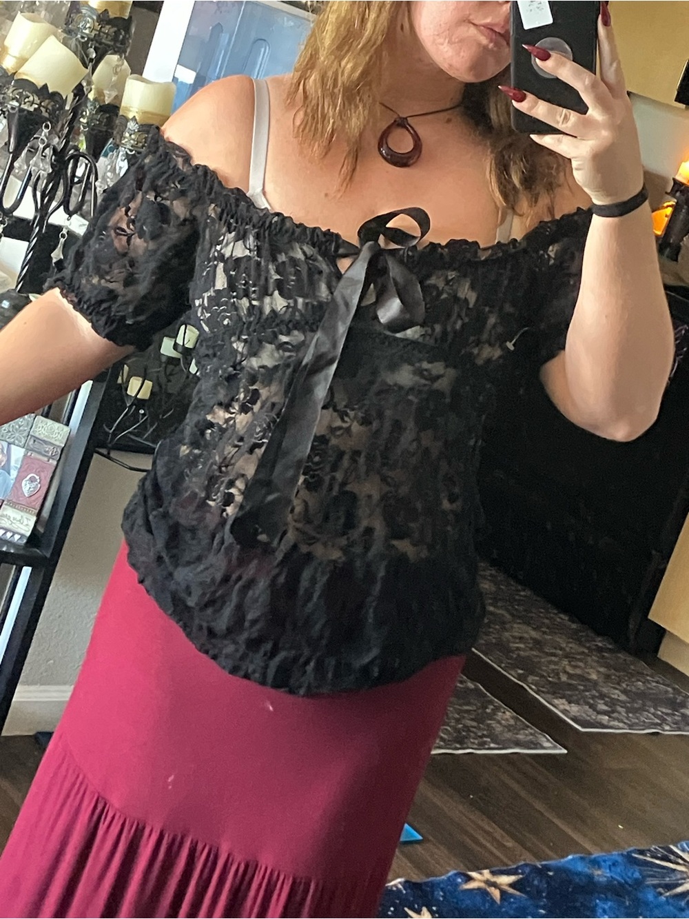 Dreamgirl Black Lace Off-Shoulder Top with Ribbon Tie